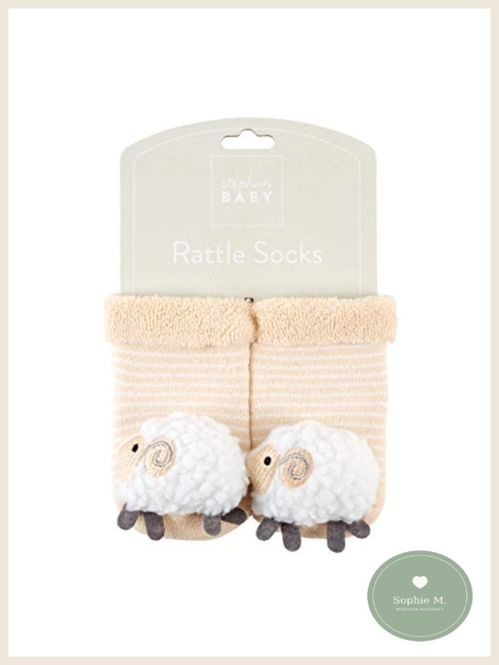 Baby Rattle Socks Stripey Non-Skid Cream White Lambs 3-12 Months - Picture 2 of 3